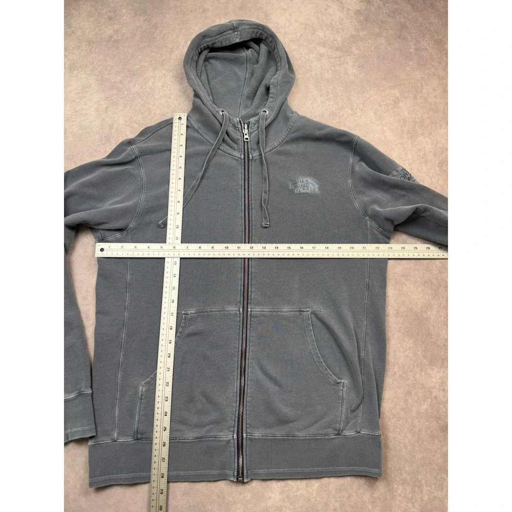 The North Face Mens L Full Zip Hoodie Blue Mountain Graphic Logo Sweatshirt Fade